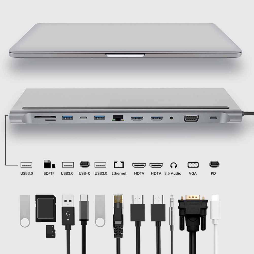 12 in 1 Type C 허브-3.0 USB 카드 리더기 MacBook 액세서리 용 듀얼 HDMI 호환 4K RJ45 VGA USB 허브 USB-C 허브